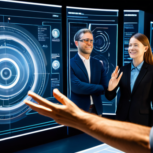 A diverse group of four professional engineers and designers, fully clothed in modern business casual attire, gathered around a large, detailed holographic 3D model of a futuristic industrial machine. They are interacting with the model using hand gestures, engaged in active co-creation within a spacious, high-tech virtual collaboration environment. The virtual space features sleek, minimalist architecture, glowing user interface elements, and large, transparent screens displaying data visualizations in the background. The lighting is soft and ambient, emphasizing the holographic projection. Professional photography, ultra detailed, cinematic lighting, perfect anatomy, correct proportions, natural pose, well-formed hands, proper finger count, natural body proportions, high resolution, safe for work, appropriate content, fully clothed, professional dress, modest clothing, family-friendly.