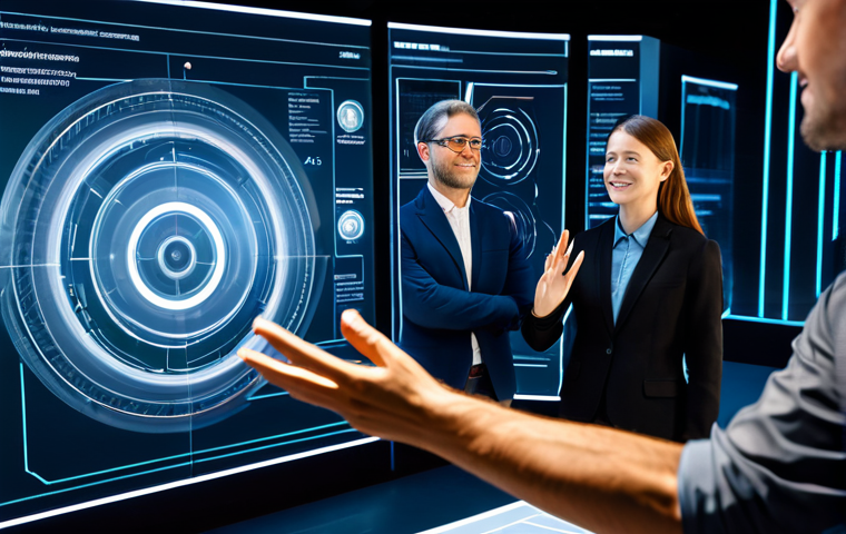 A diverse group of four professional engineers and designers, fully clothed in modern business casual attire, gathered around a large, detailed holographic 3D model of a futuristic industrial machine. They are interacting with the model using hand gestures, engaged in active co-creation within a spacious, high-tech virtual collaboration environment. The virtual space features sleek, minimalist architecture, glowing user interface elements, and large, transparent screens displaying data visualizations in the background. The lighting is soft and ambient, emphasizing the holographic projection. Professional photography, ultra detailed, cinematic lighting, perfect anatomy, correct proportions, natural pose, well-formed hands, proper finger count, natural body proportions, high resolution, safe for work, appropriate content, fully clothed, professional dress, modest clothing, family-friendly.