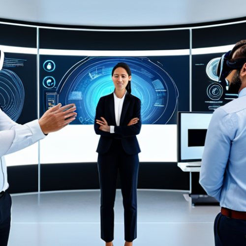 A diverse team of professional individuals in modern business attire, fully clothed, collaborating within a sophisticated virtual reality office space. They are interacting with futuristic holographic displays and shared 3D models, showcasing seamless teamwork and innovation. The environment is sleek and technologically advanced, with natural poses, perfect anatomy, well-formed hands, and correct proportions. This is a high-quality, professional digital art illustration, safe for work, appropriate content, and family-friendly.