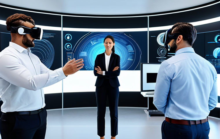A diverse team of professional individuals in modern business attire, fully clothed, collaborating within a sophisticated virtual reality office space. They are interacting with futuristic holographic displays and shared 3D models, showcasing seamless teamwork and innovation. The environment is sleek and technologically advanced, with natural poses, perfect anatomy, well-formed hands, and correct proportions. This is a high-quality, professional digital art illustration, safe for work, appropriate content, and family-friendly.