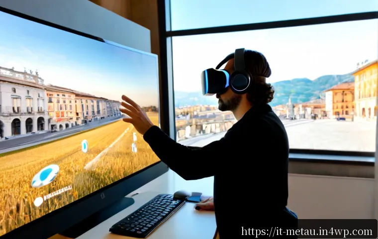 Home 14 메타버스에서의 게임 비즈니스 모델 - Photorealistic modern game studio in Milan, Italian creative team wearing sleek VR headsets around a...