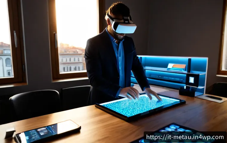 메타버스에서의 디지털 자산 관리 - Photorealistic Italian professional managing digital assets in a sleek Milan home office, wearing a ...